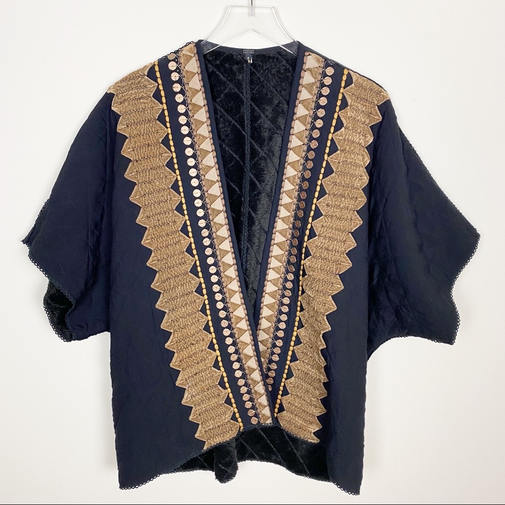 Anthropologie Black and Gold Embroidered Open Cardigan